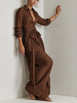 Women’s Button Front Shirt and Wide Leg Pants Set