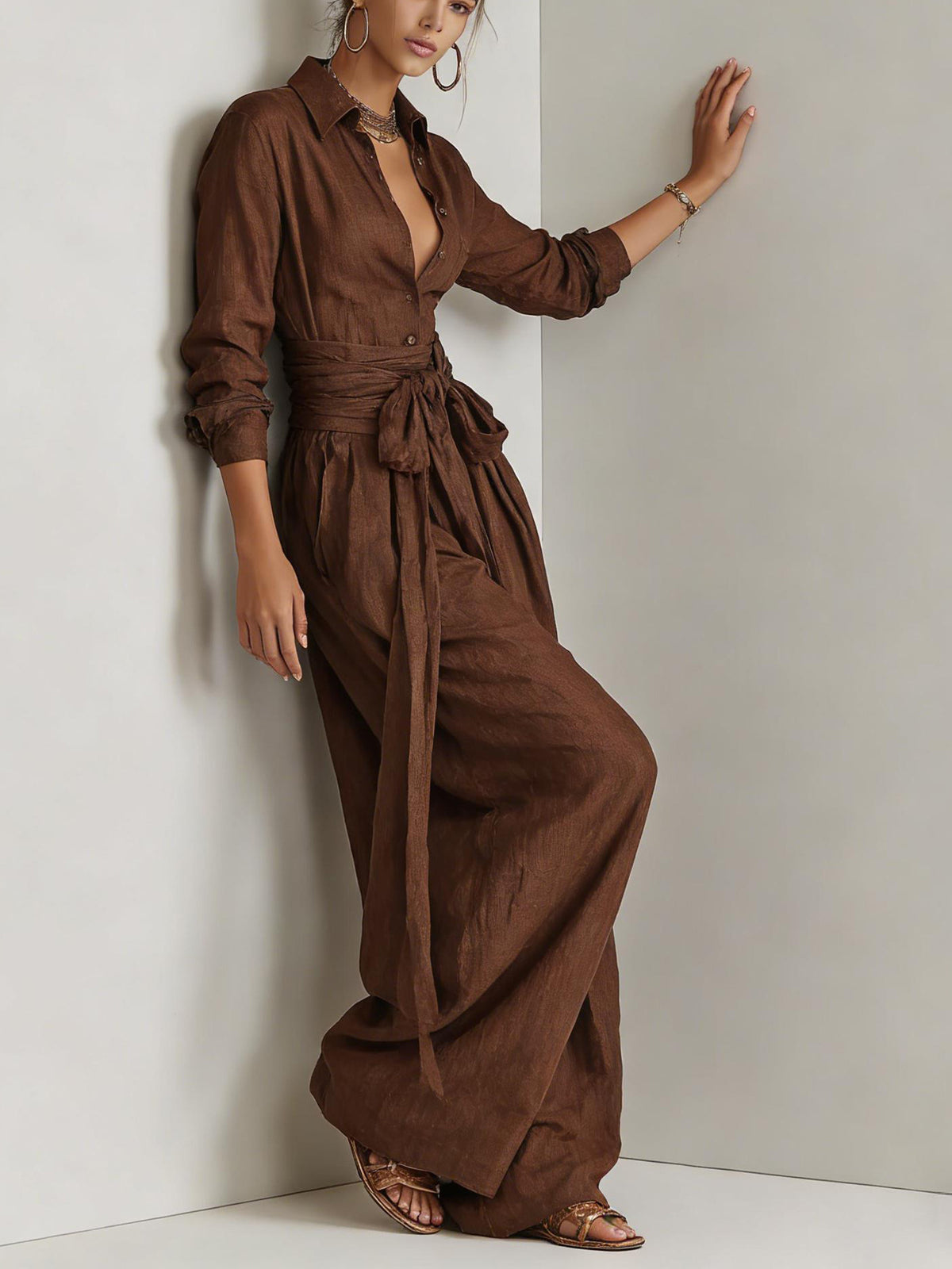 Women’s Button Front Shirt and Wide Leg Pants Set