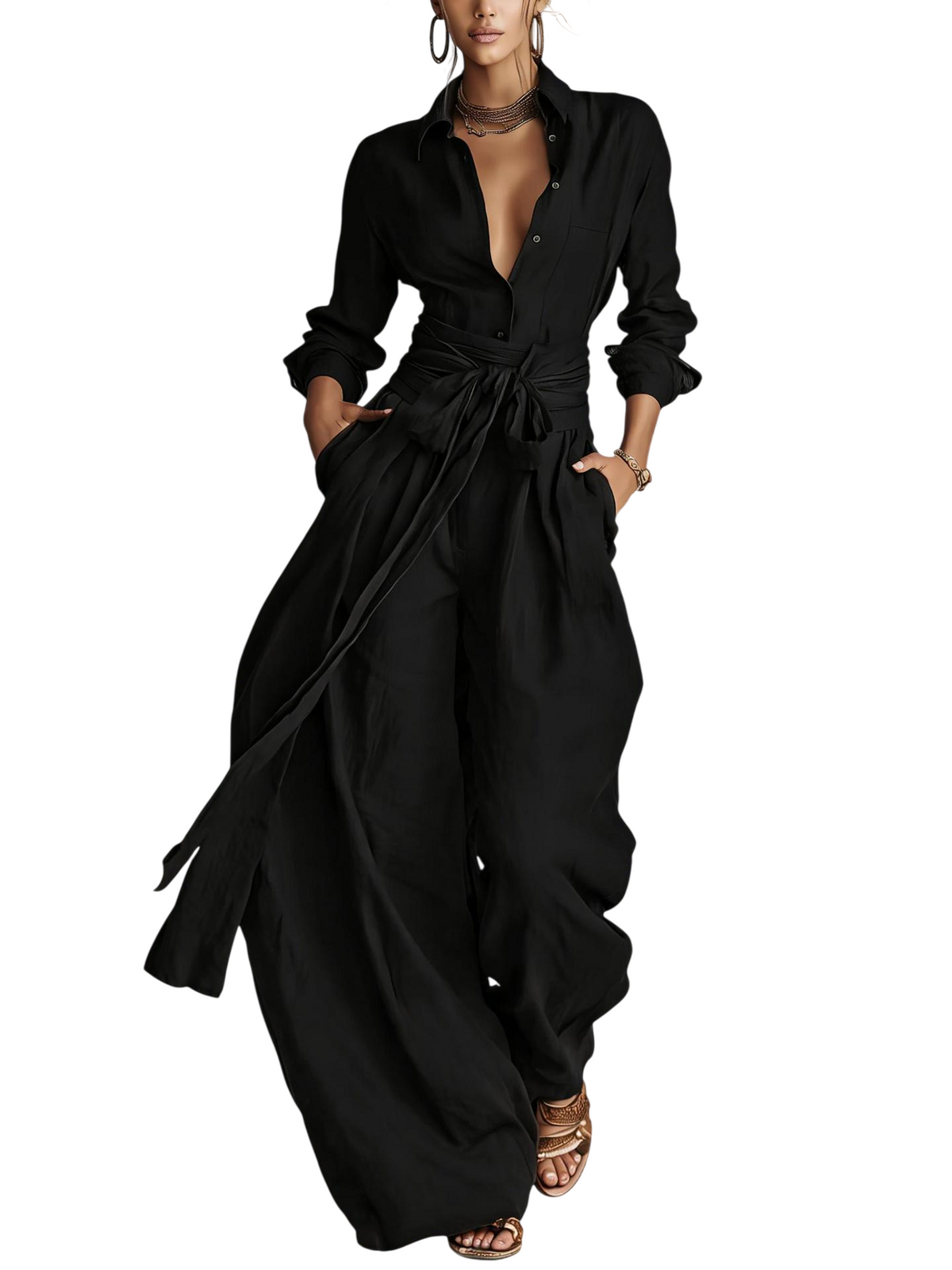 Women’s Button Front Shirt and Wide Leg Pants Set