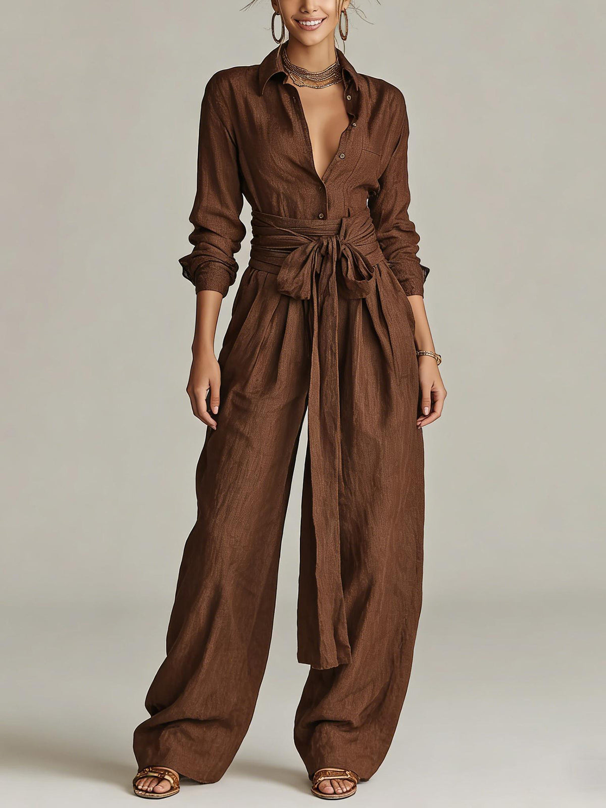 Women’s Button Front Shirt and Wide Leg Pants Set