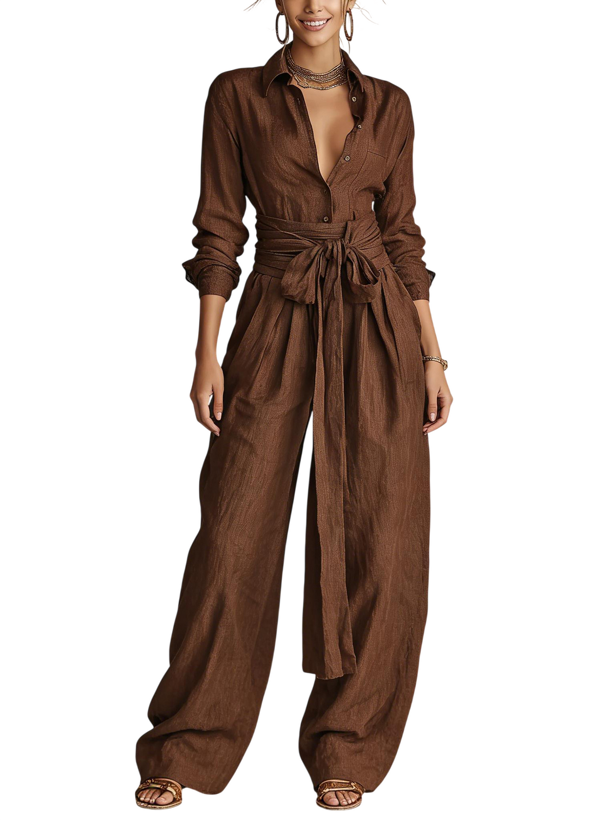 Women’s Button Front Shirt and Wide Leg Pants Set