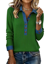 Women’s Ribbed Contrast Collar Button Top