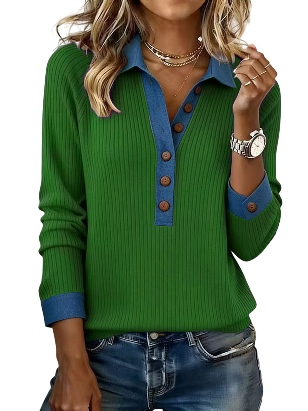 Women’s Ribbed Contrast Collar Button Top