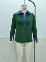 Women’s Ribbed Contrast Collar Button Top