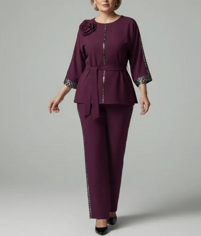 Women’s 3/4 Sleeve Belted Top and Pants Set