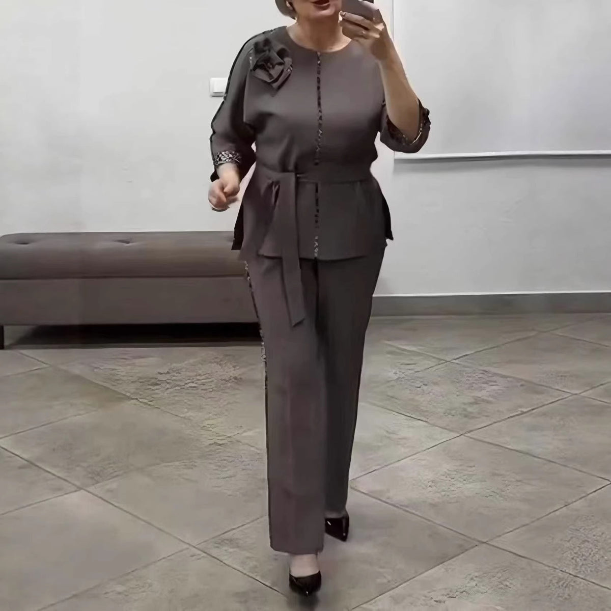 Women’s 3/4 Sleeve Belted Top and Pants Set