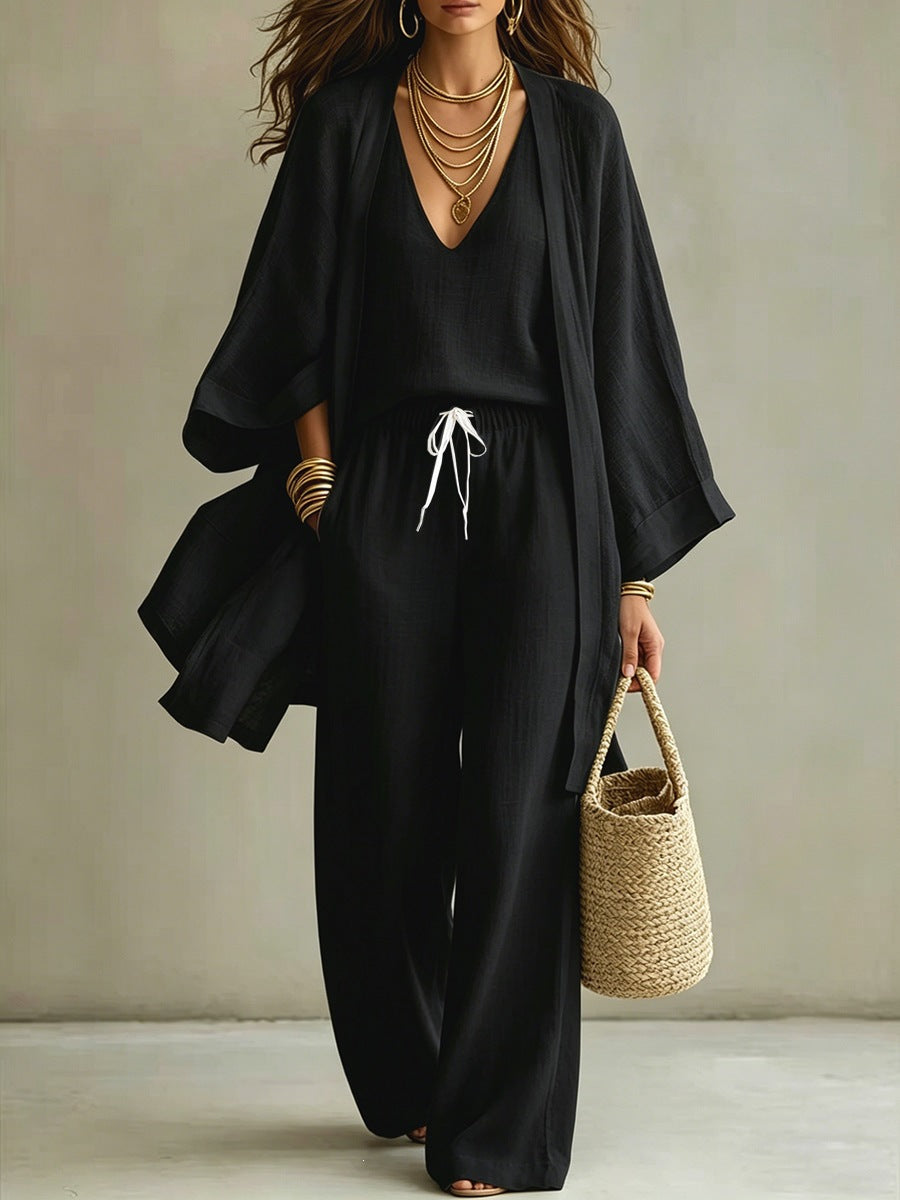 Women’s Kimono Top & Wide Leg Pants 3-Piece Set