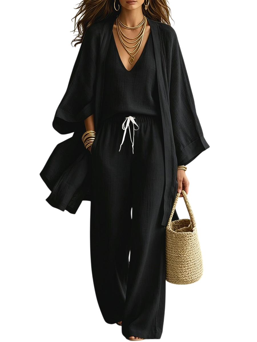 Women’s Kimono Top & Wide Leg Pants 3-Piece Set