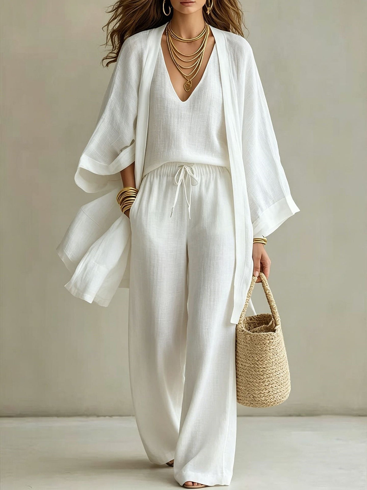 Women’s Kimono Top & Wide Leg Pants 3-Piece Set