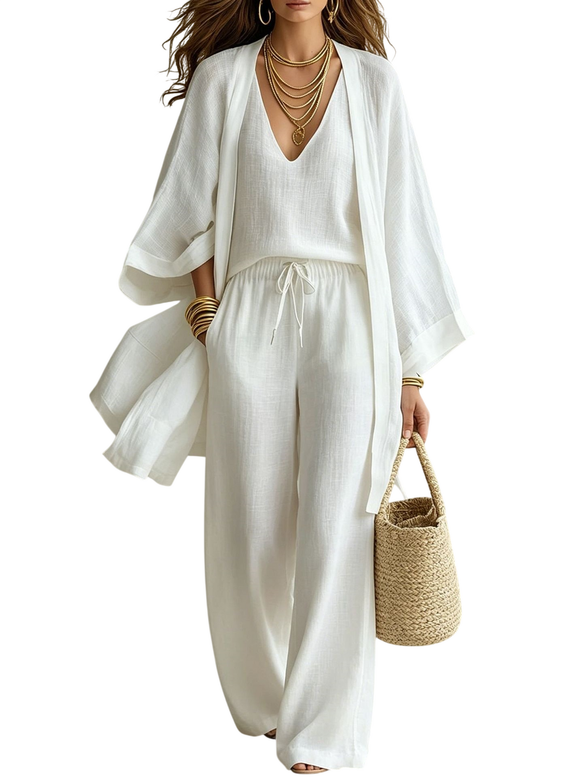 Women’s Kimono Top & Wide Leg Pants 3-Piece Set