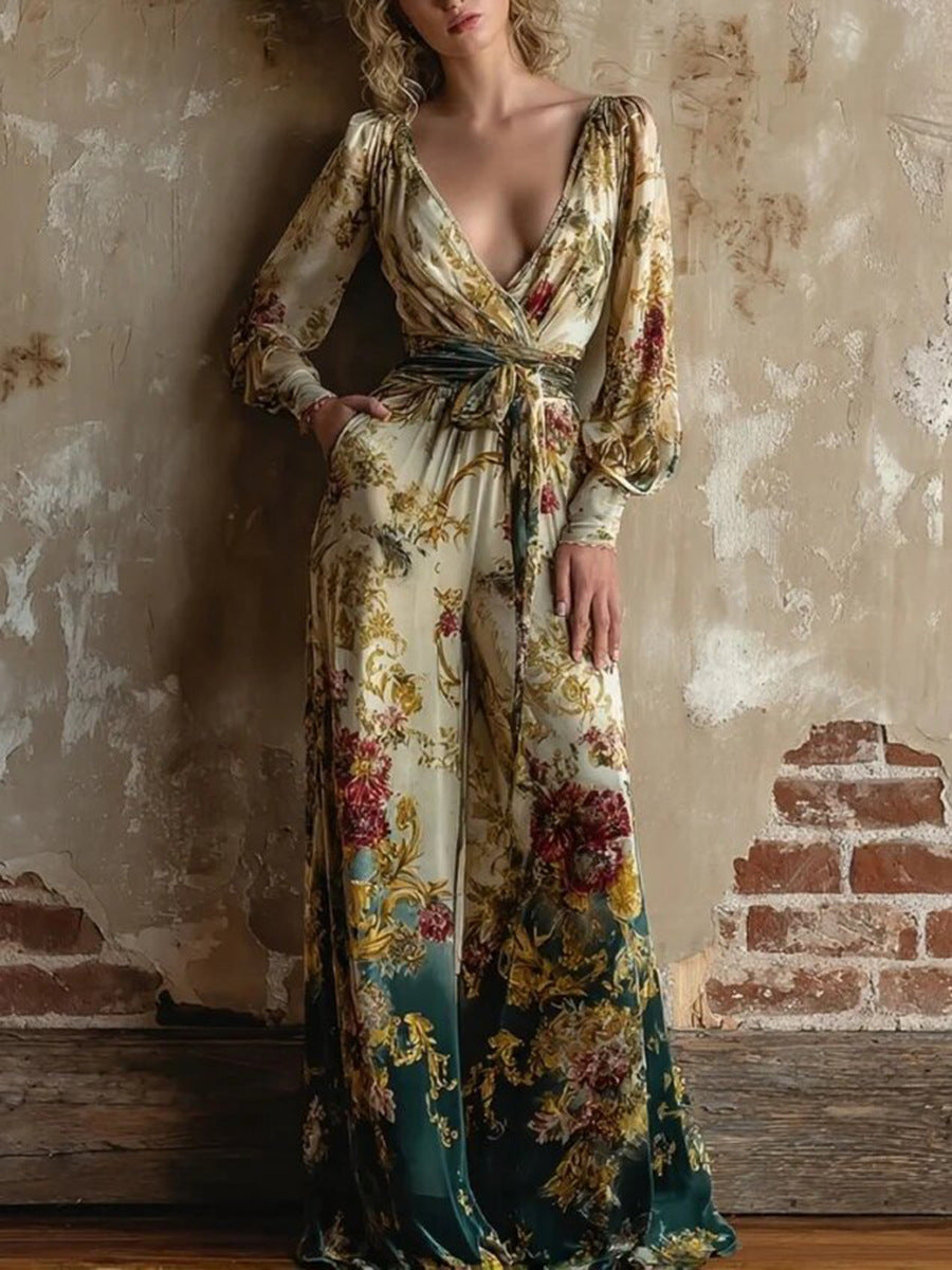 Women’s Floral V-Neck Wide Leg Jumpsuit
