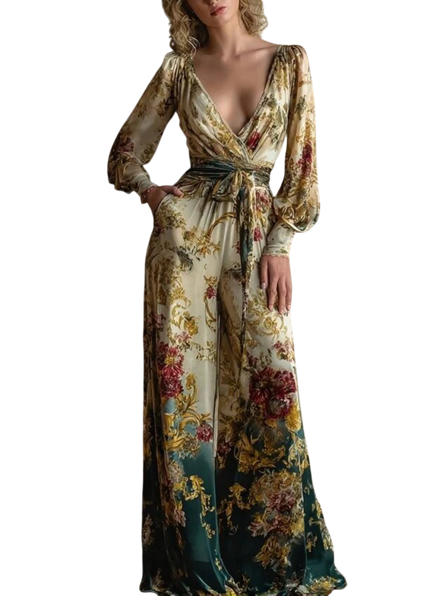 Women’s Floral V-Neck Wide Leg Jumpsuit