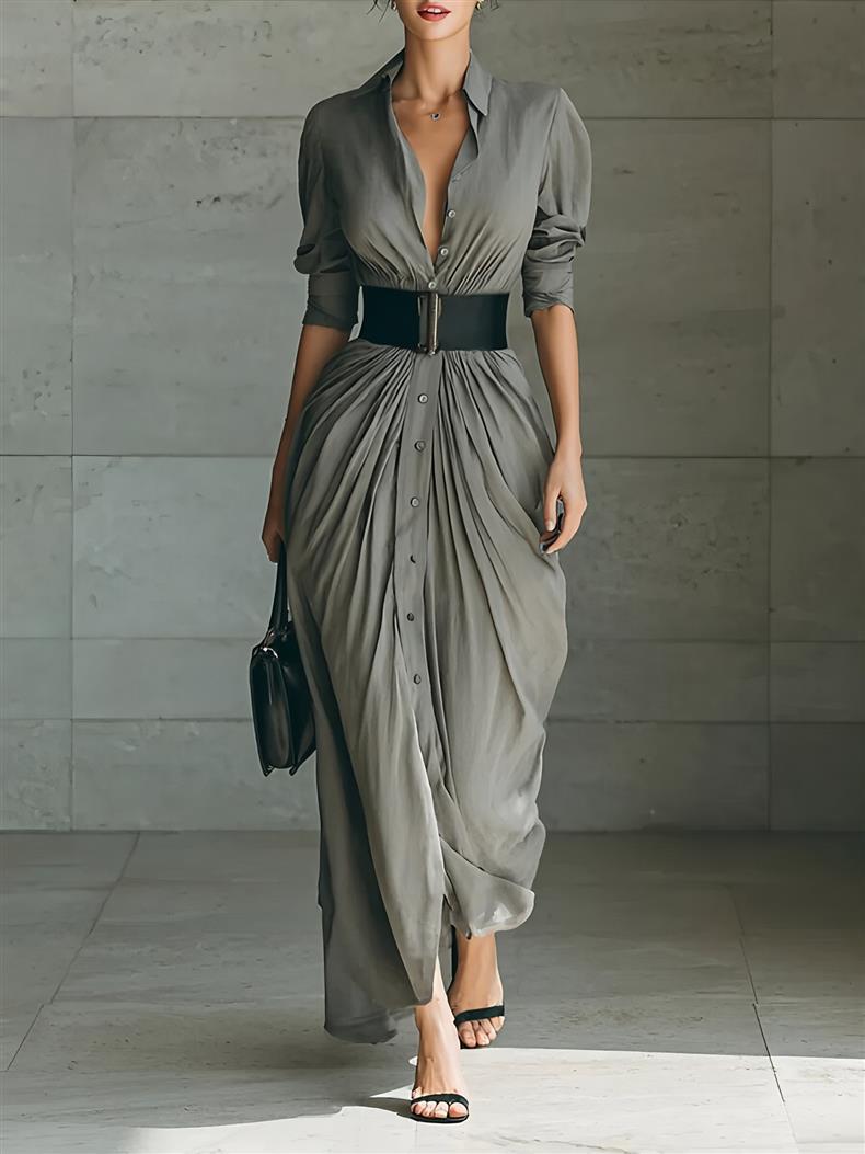 Women’s Button Front Pleated Maxi Dress