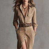 Women’s Collared Button Front Belted Midi Dress
