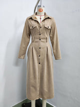 Women’s Collared Button Front Belted Midi Dress