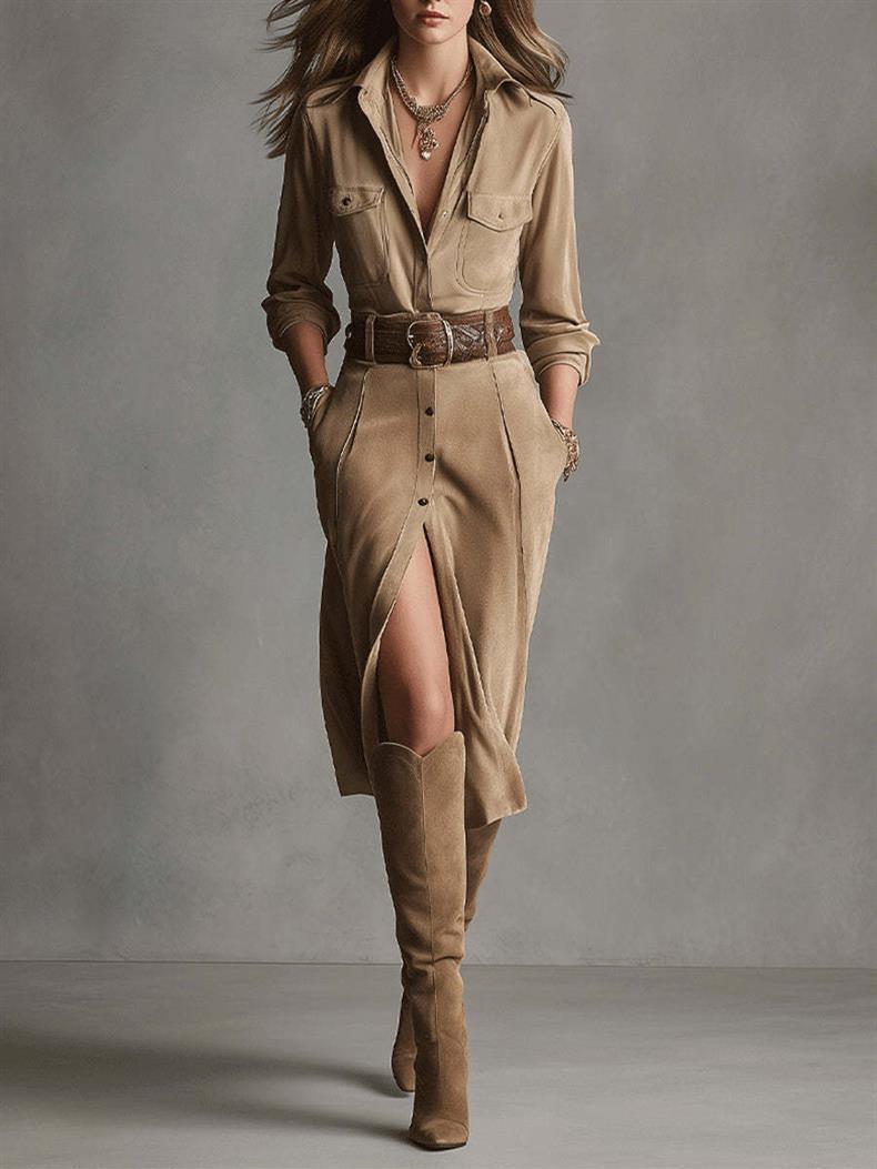 Women’s Collared Button Front Belted Midi Dress