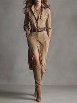 Women’s Collared Button Front Belted Midi Dress