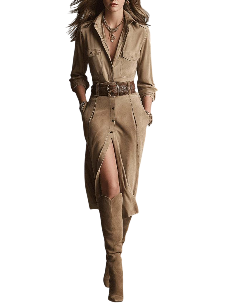 Women’s Collared Button Front Belted Midi Dress