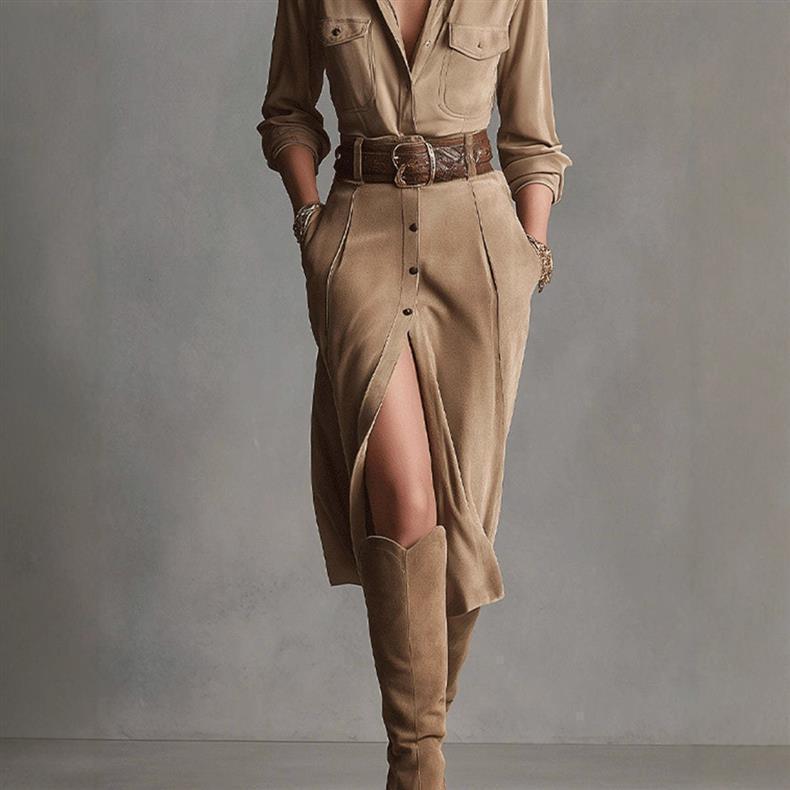 Women’s Collared Button Front Belted Midi Dress