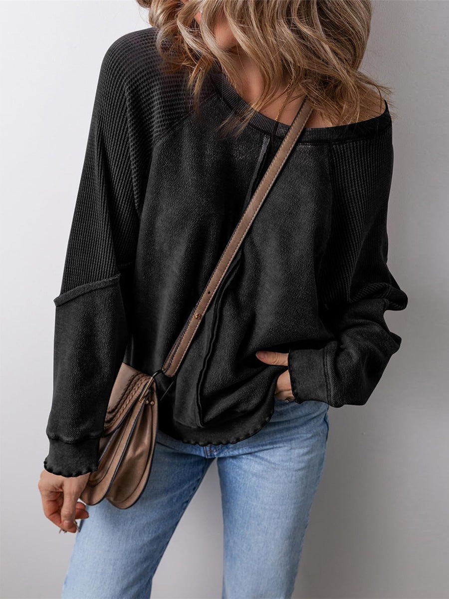 Women’s Off Shoulder Waffle Knit Pullover Top