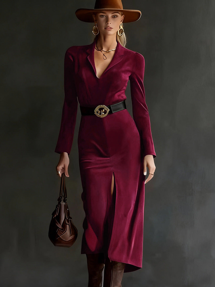 Women’s Satin Lapel Collar Belted Midi Dress