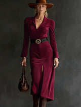 Women’s Satin Lapel Collar Belted Midi Dress