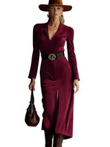 Women’s Satin Lapel Collar Belted Midi Dress