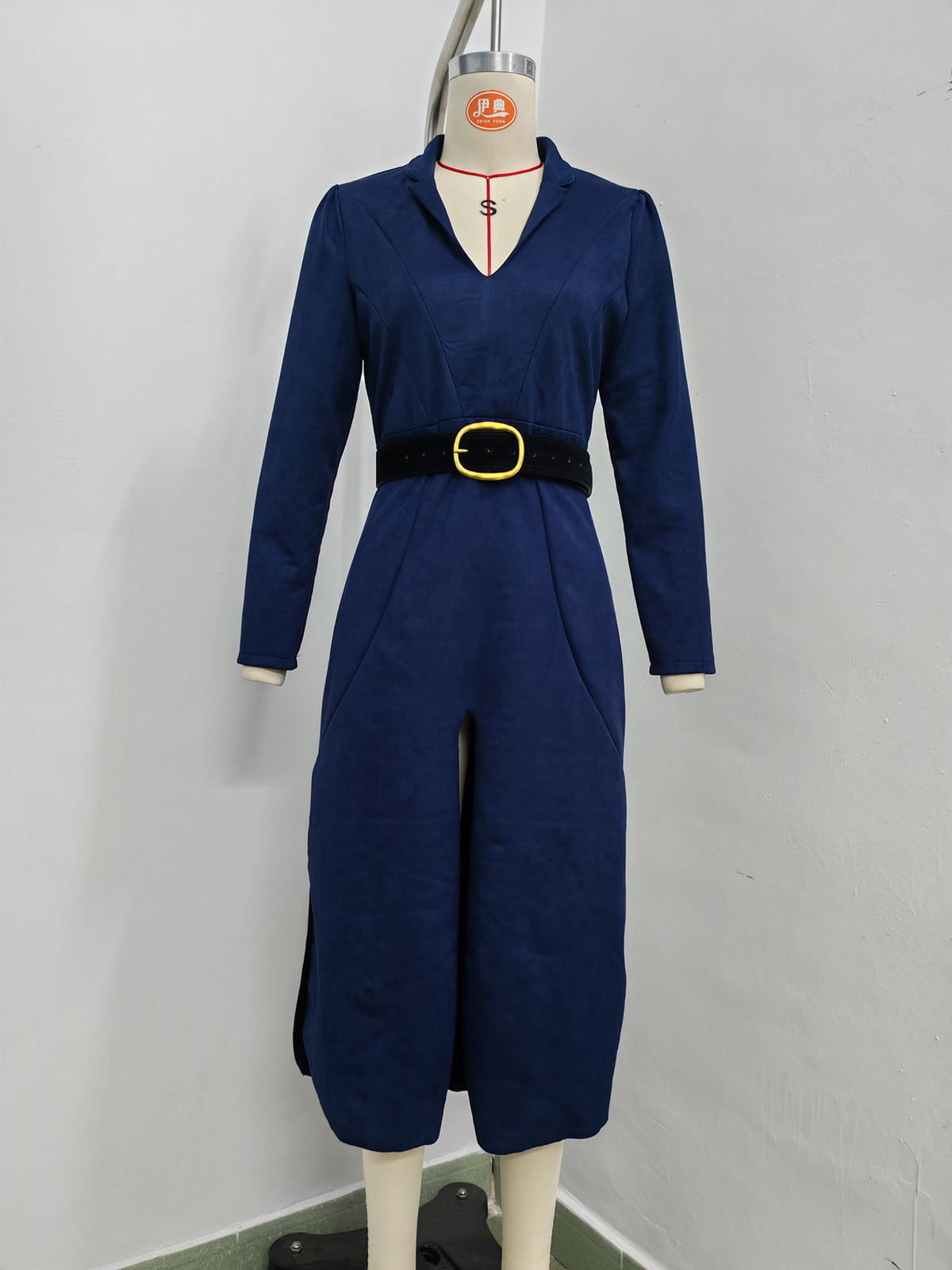 Women’s Satin Lapel Collar Belted Midi Dress