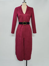 Women’s Satin Lapel Collar Belted Midi Dress