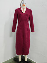 Women’s Satin Lapel Collar Belted Midi Dress