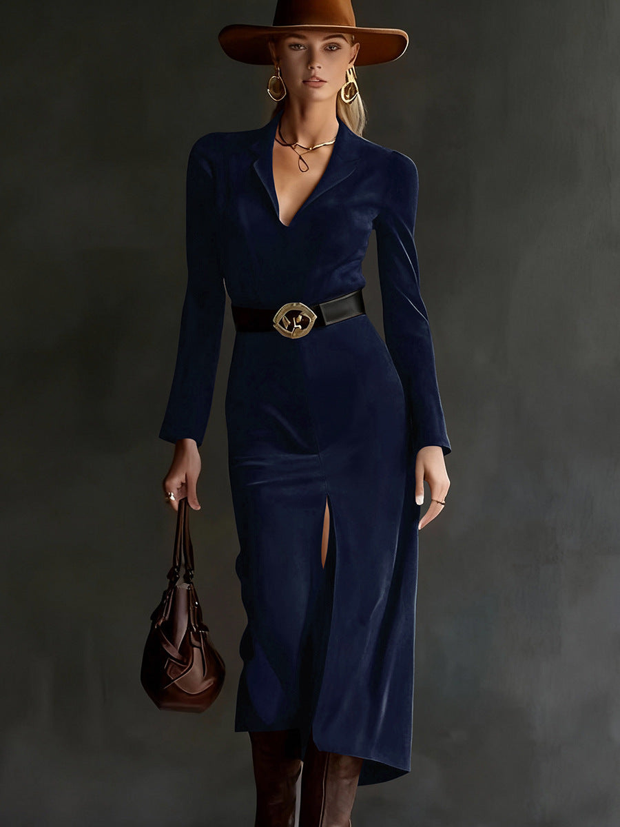 Women’s Satin Lapel Collar Belted Midi Dress