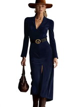 Women’s Satin Lapel Collar Belted Midi Dress