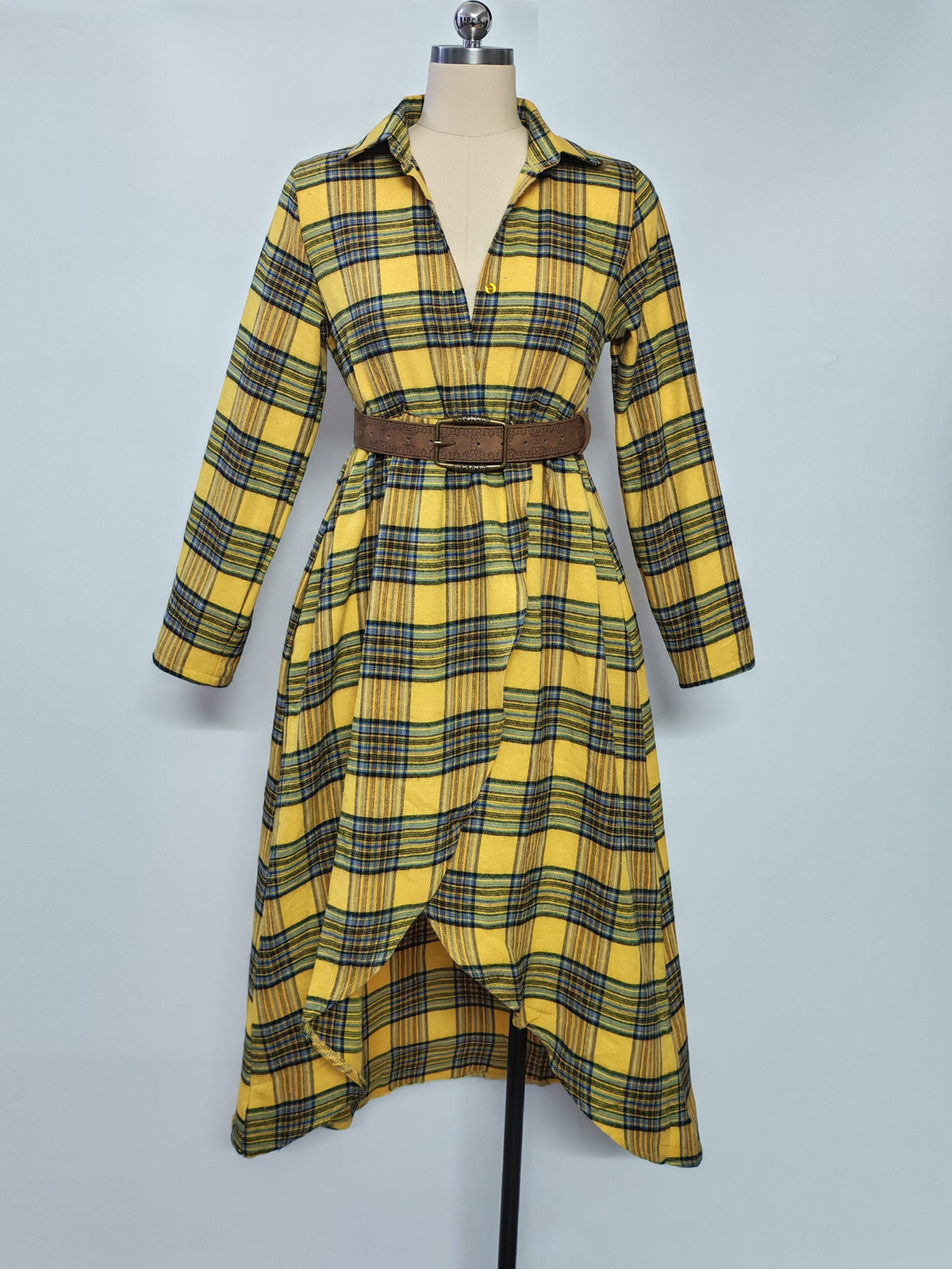 Women’s Plaid Belted Asymmetrical Shirt Dress
