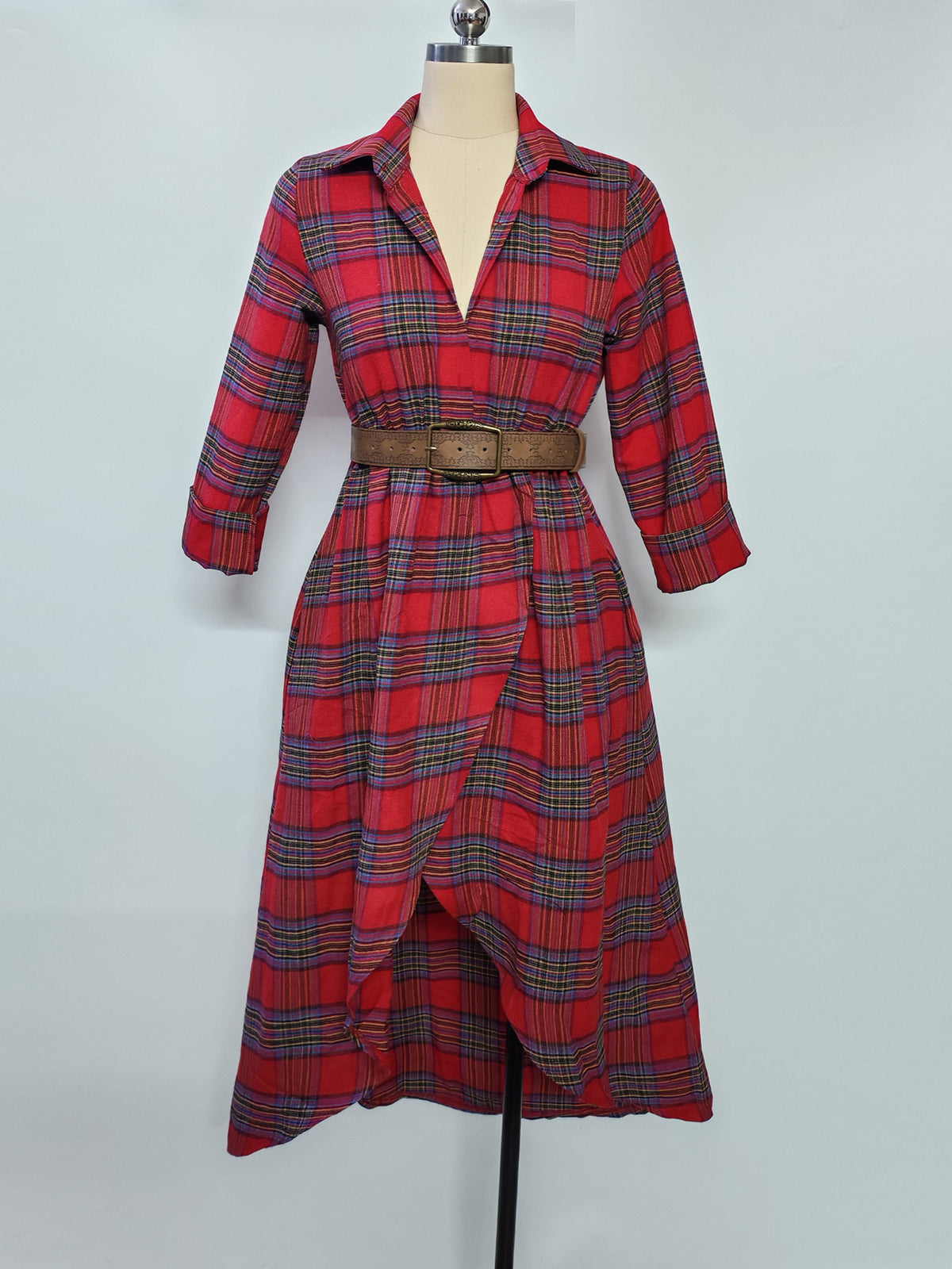 Women’s Plaid Belted Asymmetrical Shirt Dress