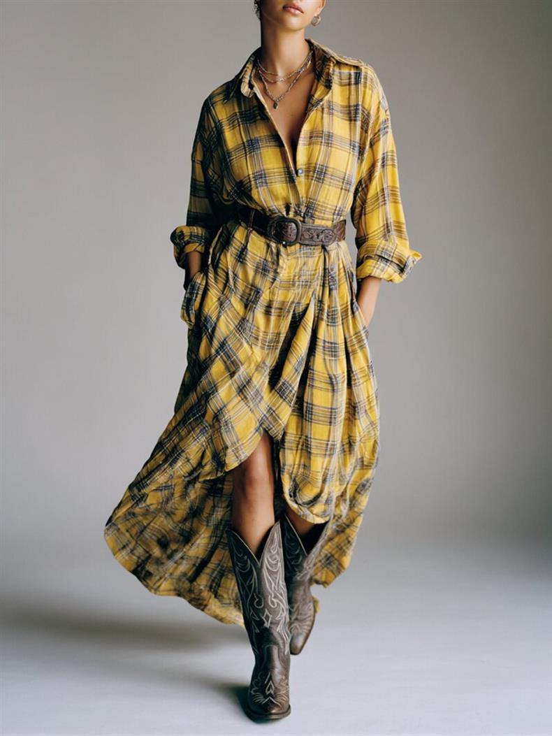 Women’s Plaid Belted Asymmetrical Shirt Dress