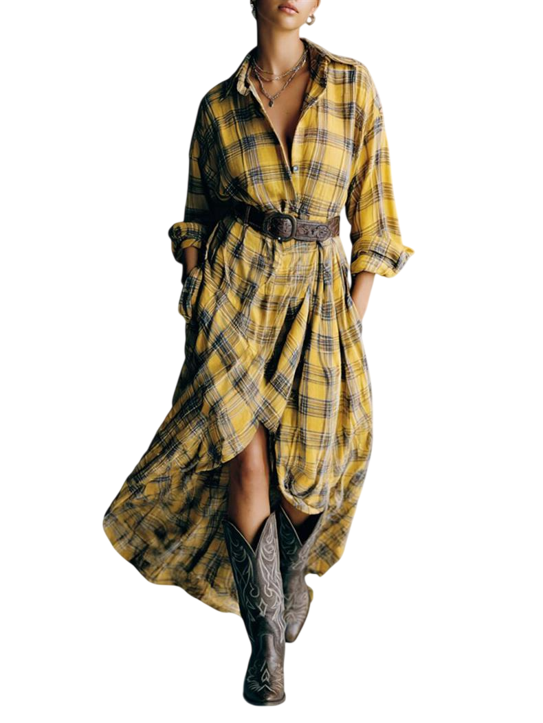 Women’s Plaid Belted Asymmetrical Shirt Dress