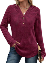 Women’s Ribbed V-Neck Button Front Top