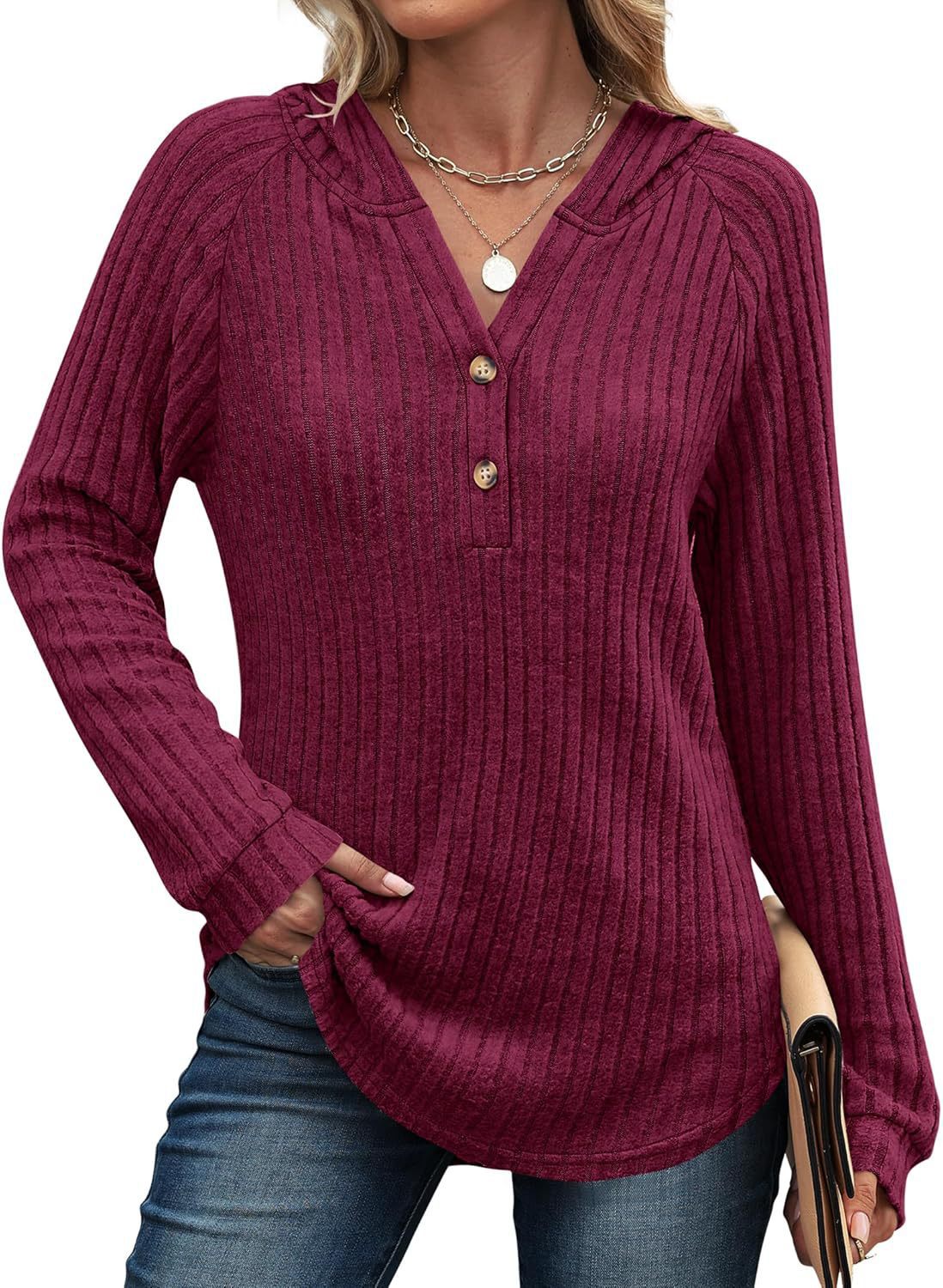Women’s Ribbed V-Neck Button Front Top