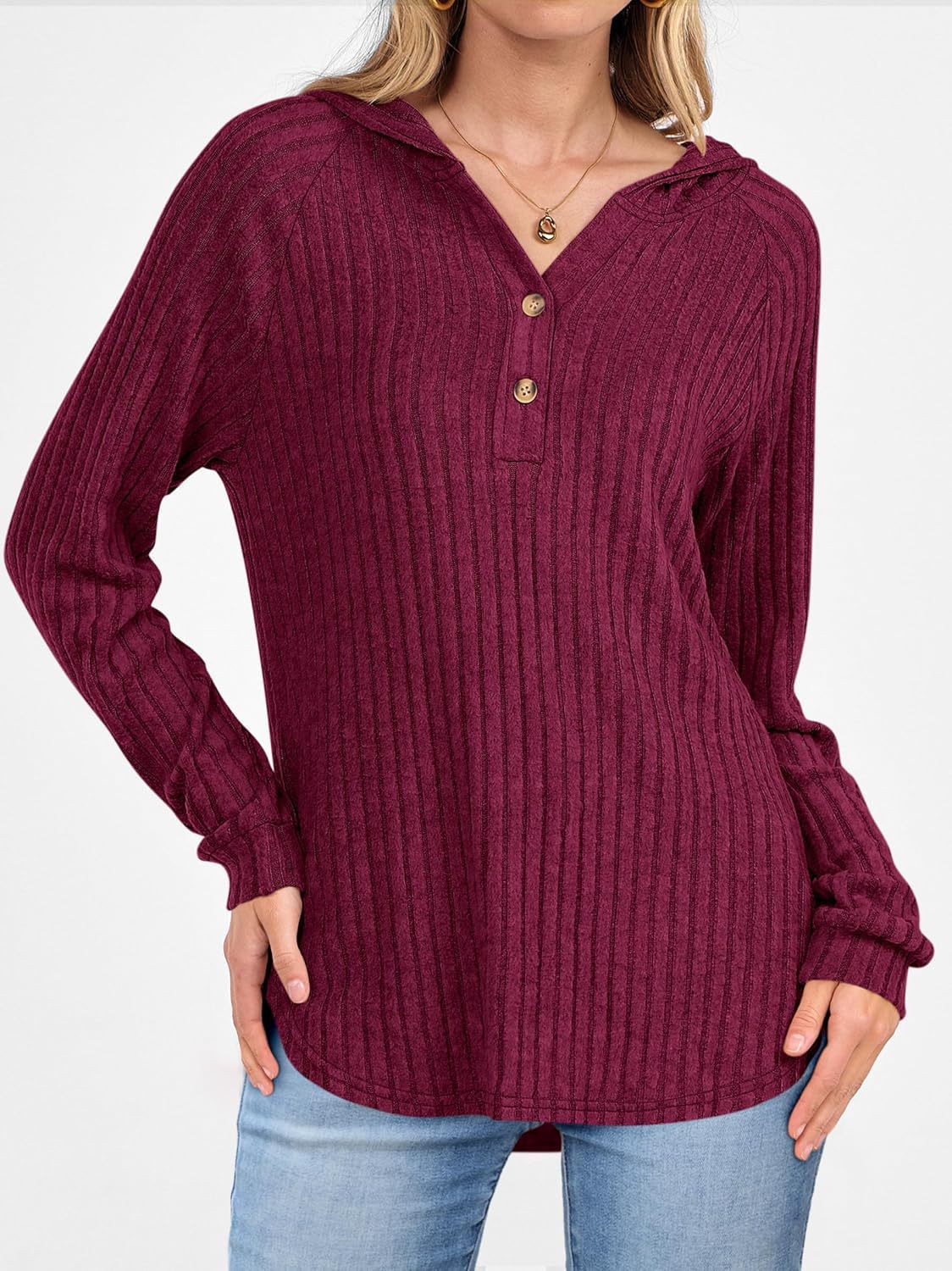 Women’s Ribbed V-Neck Button Front Top
