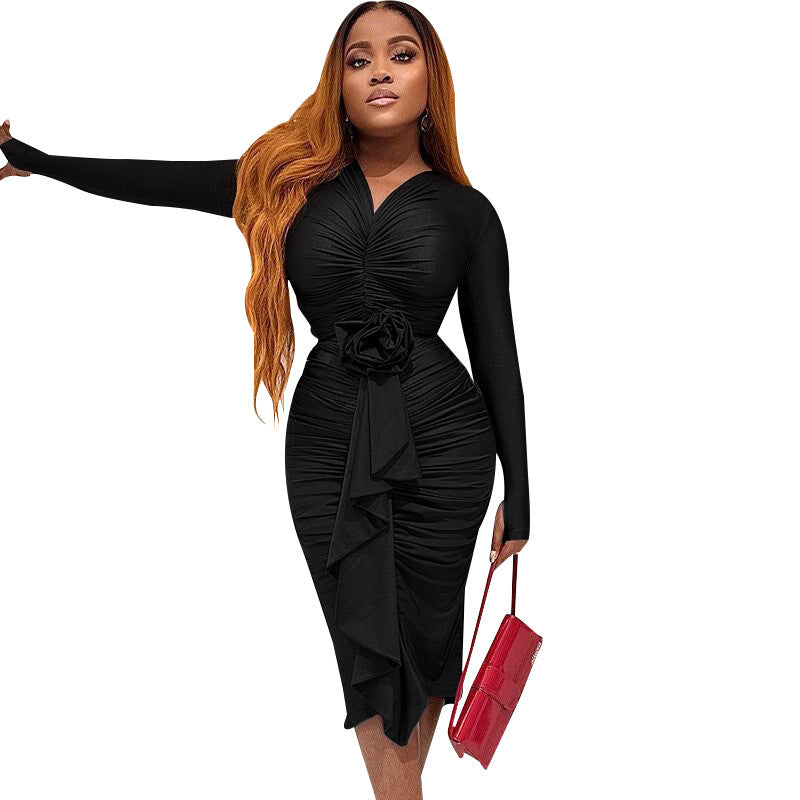 Women’s Ruched Ruffle Bodycon Midi Dress