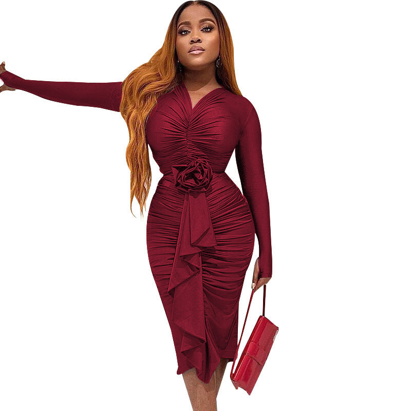 Women’s Ruched Ruffle Bodycon Midi Dress