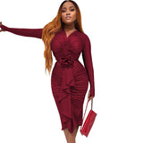 Women’s Ruched Ruffle Bodycon Midi Dress