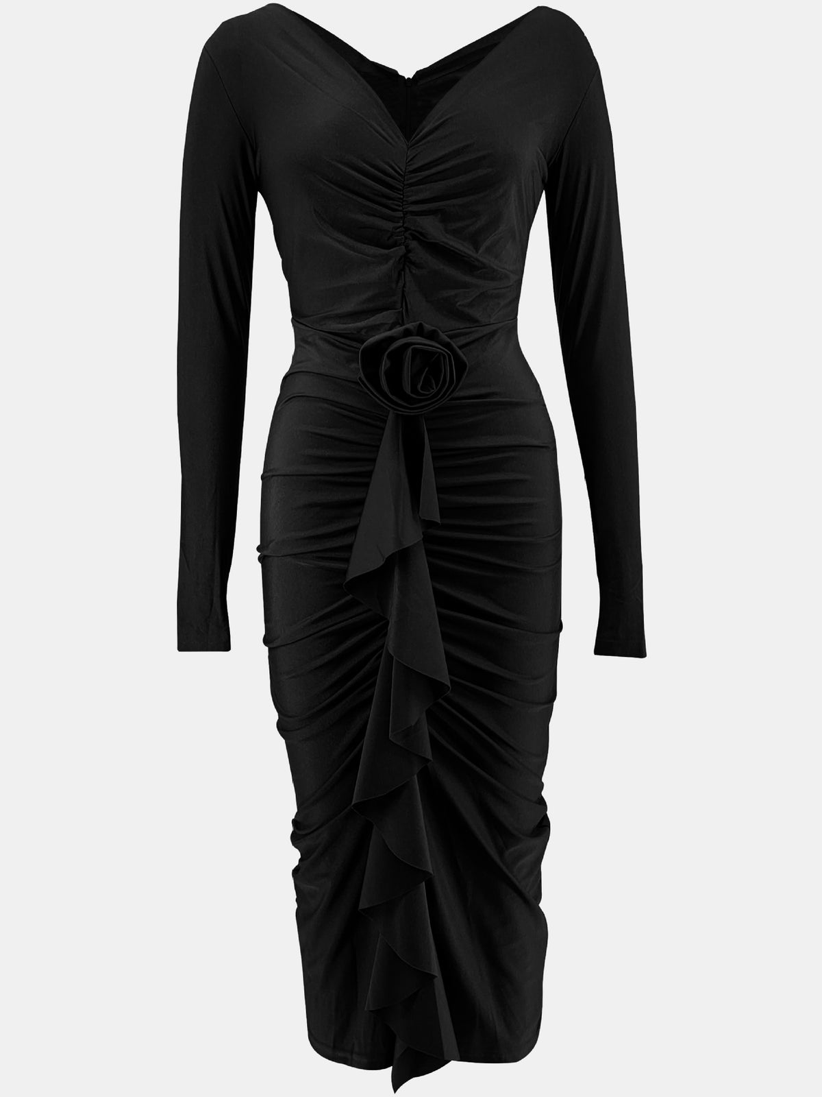 Women’s Ruched Ruffle Bodycon Midi Dress