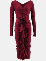 Women’s Ruched Ruffle Bodycon Midi Dress