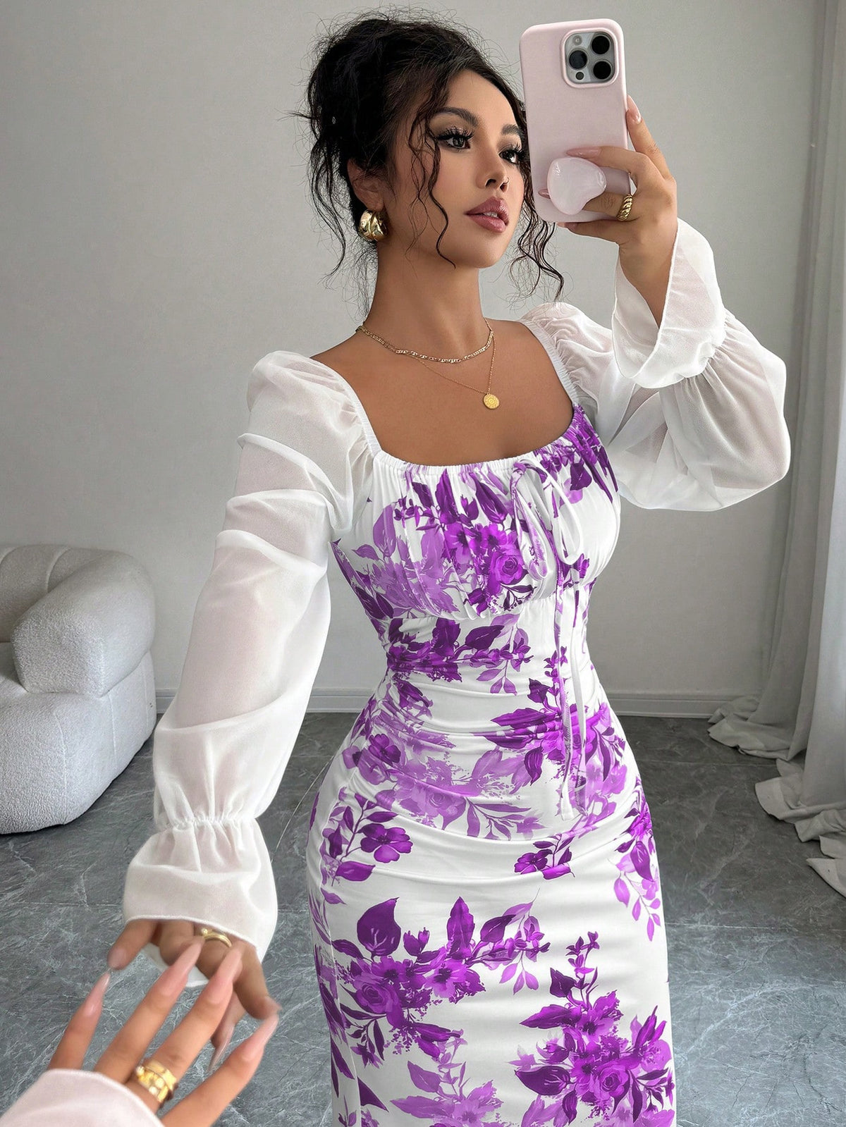 Women’s Floral Ruched Square Neck Maxi Dress