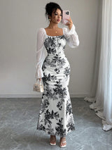 Women’s Floral Ruched Square Neck Maxi Dress
