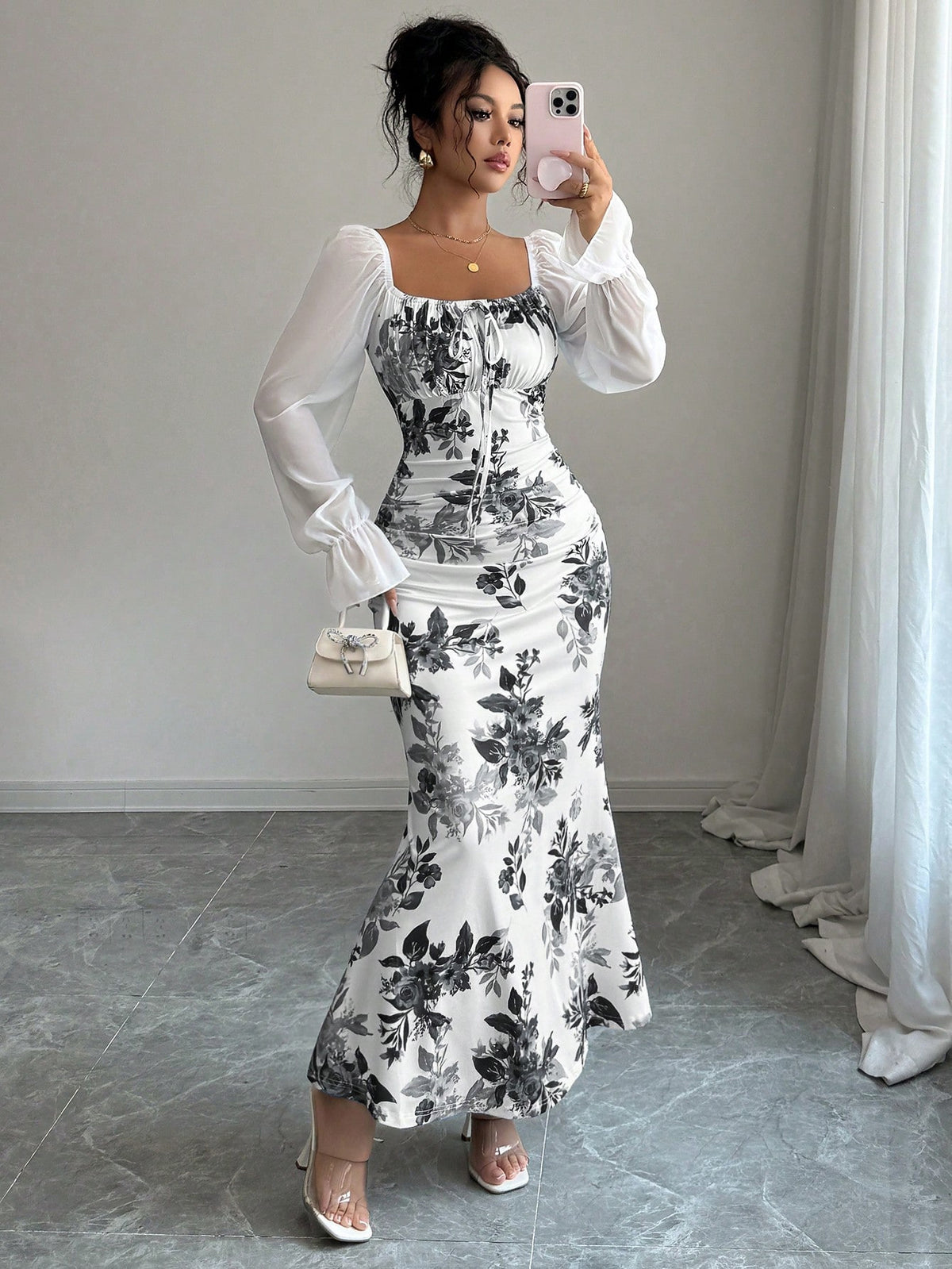 Women’s Floral Ruched Square Neck Maxi Dress