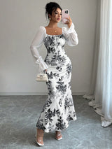 Women’s Floral Ruched Square Neck Maxi Dress
