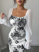 Women’s Floral Ruched Square Neck Maxi Dress