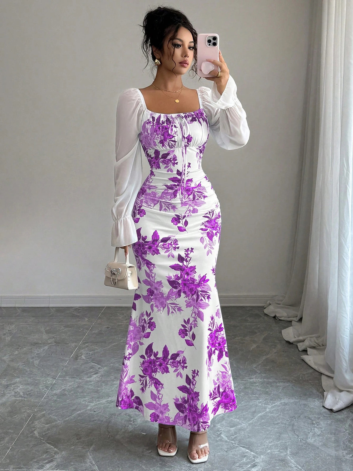 Women’s Floral Ruched Square Neck Maxi Dress
